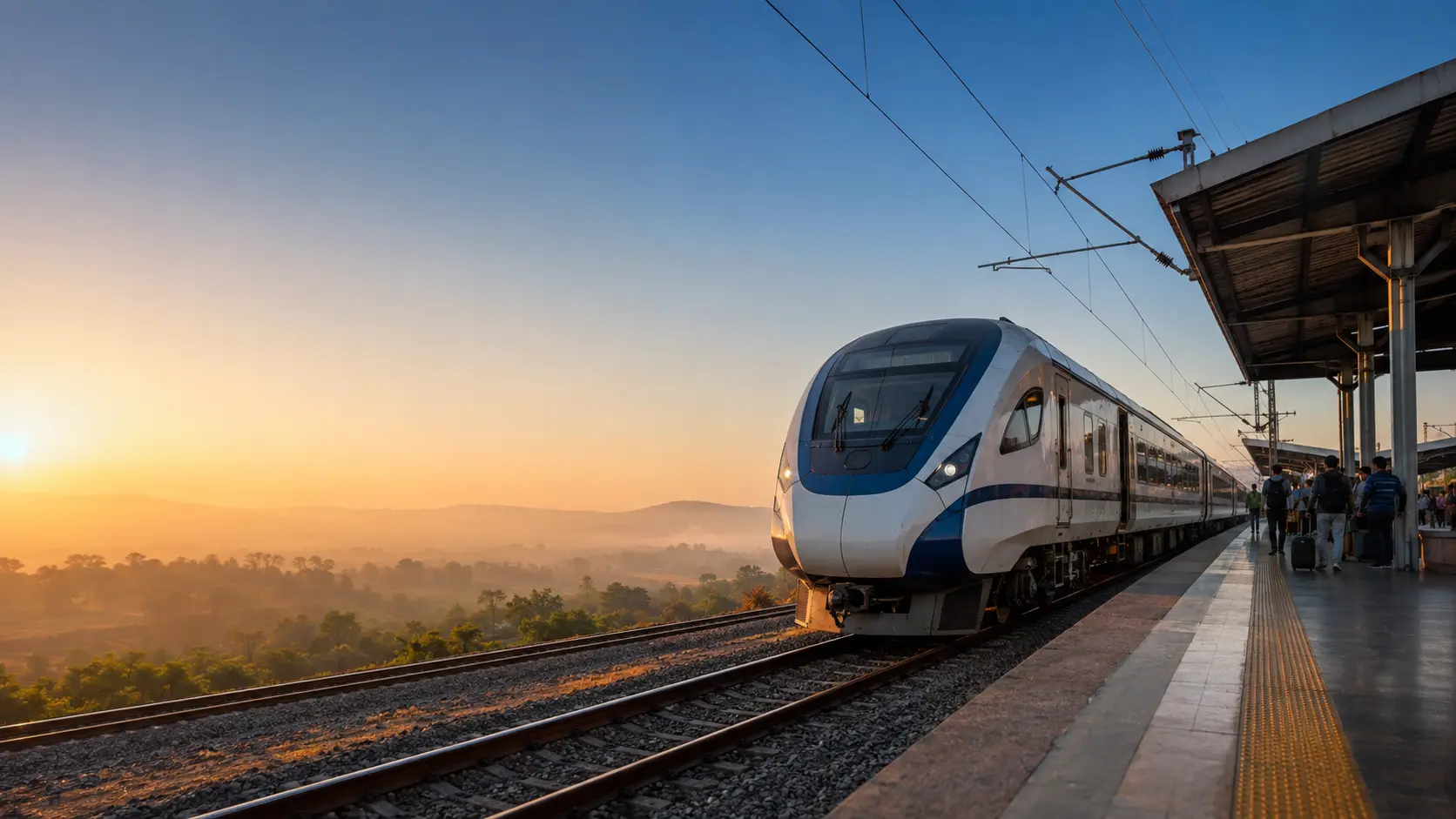 Modern Indian passenger train at sunrise